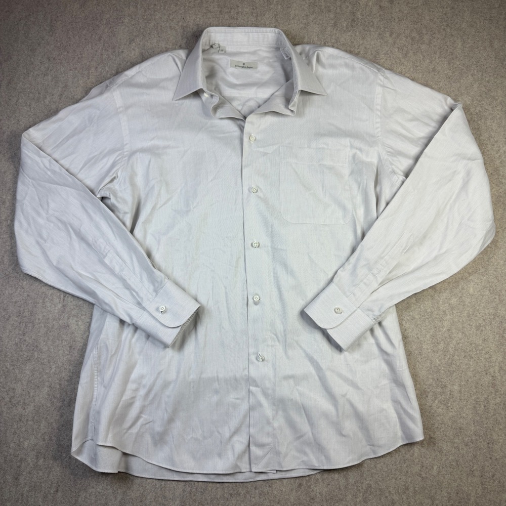 Ermenegildo Zegna Mens Button Down Shirt Tan White Micro Stripe 16 41 Large